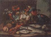 unknow artist Still life of a basket of flowers,fruit,lobster,fish and a cat,all upon a stone ledge oil painting reproduction